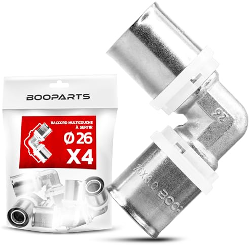 BOOPARTS – Set 4 Pezzi – Gomito a Pressare 90° Ø26mm (26x26) per Tubo Multistrato | Raccordo Curva Profilo TH in Ottone Nichelato | Impianti Idraulici e Riscaldamento