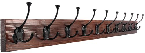 IBosins Brown Wood Wall Mounted Coat Rack, 34 Long with 10 Black Tri-Hooks