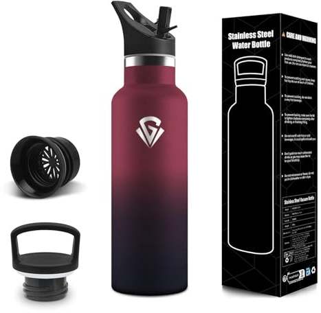 Borraccia Termica, 500 ml Senza BPA, Borracce Termiche, Bottiglia Acqua Con Cannuccia e 2 Coperchi, Borraccia Acciaio Inox, 304 Acciaio Inossidabile, Borracce per Scuola, Yoga, pesca - Rosso&nero