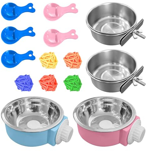 4 Pack Stainless Steel Bird Feeding Dish Cups with 5pcs Colorful Spoon and 5pcs Rattan Ball，for Chinchilla, Parrot, Cockatiel, Conure, Budgies, Hamster, Small Animal