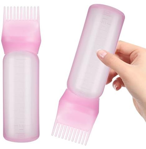 Lot de 2 flacons applicateurs d'huile capillaire de 170 ml avec graduation | Flacon applicateur de peigne à racine - Brosse de teinture pour cheveux - Rose