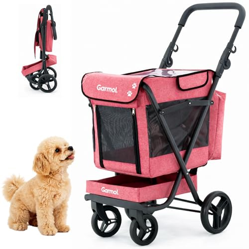GARMOL Jumbo Pet Carrito para Mascotas Plegable 66L hasta 8kg | 4 Ruedas con 2 Giratorias, Capota Transparente Impermeable, Bolsa 9L y Bandeja 6L | Carro para Perros Pequeños y Medianos (Rojo)