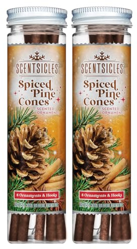 Scentsicles Spiced Pine Cones Scented Christmas Ornaments with Hooks - 2 Bottles (12 Sticks Total)