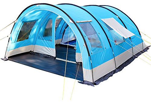 Skandika Tunnelzelt Helsinki für 6 Personen | Familienzelt mit teilbarer Schlafkabine, beweglicher Vorderwand, Sonnendach, wasserdicht, 5000 mm Wassersäule, 215 cm Stehhöhe, große Fenster (blau)