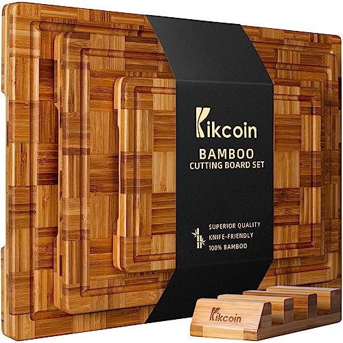 Kikcoin Extra Large Bamboo Cutting Boards, (Set of 3) Chopping Boards with Juice Groove Bamboo Wood Cutting Board Set Butcher Block for Kitchen, End Grain Serving Tray