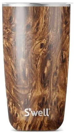 S'well Tumbler with Lid, 530ml, Teakwood, BPA/BPS-Free Vacuum Triple-Insulated Travel Cup with Slide-Open Lid