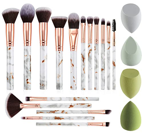 Brochas De Maquillaje 16 Juego Set Profesional De Mármol Pinceles Sintético Premium En Polvo Contorno Con Esponja, Herramienta De Maquillaje