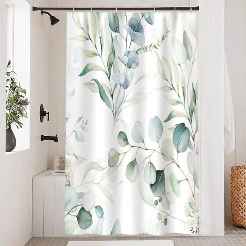 Uiiooazy Duschvorhang Grün, Duschvorhang Eukalyptus 120x200cm Blau Blätter Weiß Blumen Pflanzen Duschvorhänge Anti Schimmel Wasserdicht Polyester Stoff Waschbar Bad Vorhang mit 8 Haken für Badezimmer