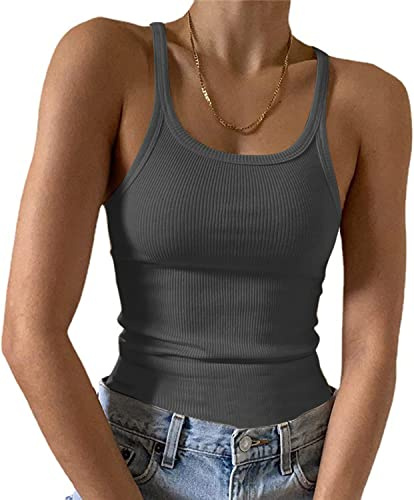 Feziakuk Top de espagueti para mujer, sexy, sin mangas, camiseta interior acanalada, básica, monocolor, camisola de verano, gris, M