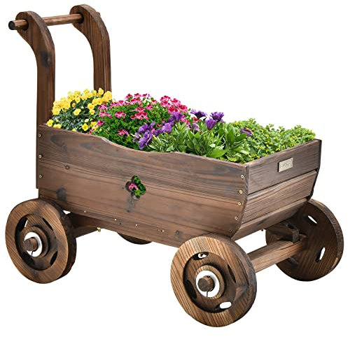 GOPLUS - Jardinera en forma de carro de 4 ruedas, decoración de jardín de madera con 2 agujeros de drenaje, 68 x 38,5 x 53,5 cm, color marrón