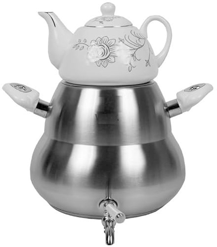 Transitional Large Capacity Classic Iranian Samovar Russian Persian Turkish Tea Maker Water Kettle Heavy Thick Stainless Steel Ceramic Porcelain Teapot 6+1=7 Liter W/Faucet