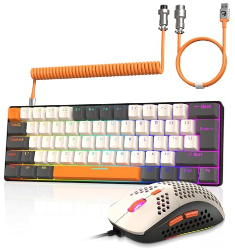 ZIYOU LANG T60 Combo Clavier et Souris de Jeu Filaire avec Câble USB C Enroulé, Compact 60% Light Up Clavier QWERTY Mécanique Tactile Brown Switch, 6400dpi Ultra-légères RVB Souris pour PC Mac-Milk
