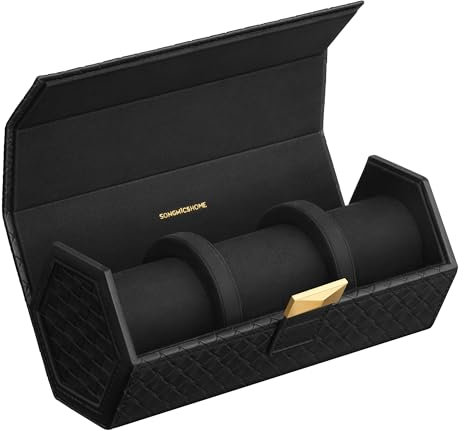 SONGMICS HOME Collezione RONNE - Porta Orologi da Viaggio 3 Posti, Custodia Orologi, Esagonale, PU con Intrecciatura Goffrata, Contenitore Nascosto, 9,8 x 21,2 x 8,7 cm, Nero Inchiostro JWB027B01