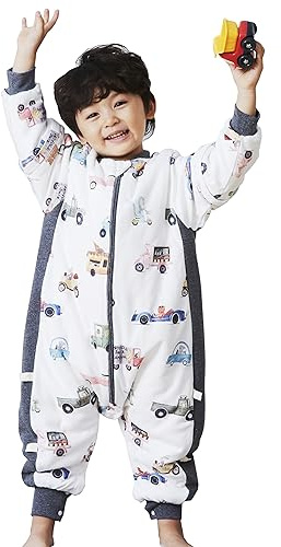 Chilsuessy Baby vintersovsäck 2,5 tog babysovsäck med fötter sparkdräkt vintersovsäck med avtagbara ärmar pyjamas barn sovsäck, färgglada bilar/3,5 tog, XXL/baby höjd 115–125 cm