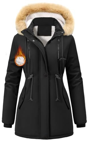Nadeer Abrigos de Mujer Parka Invierno Cremallera Chaqueta con Capucha de Piel Sintética Cálido Forro Polar Sudadera con Bolsillos(Negro,M)