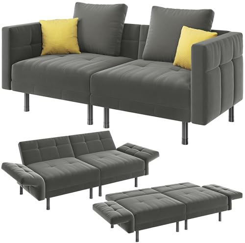 Yaheetech Divano Letto 2 Posti con 4 Cuscini, Divanetto Trasformabile in Velluto Braccioli Regolabili Mobile Reclinabile a 3 Posti, Sofa Imbottito per Salotto Soggiorno Ufficio 171 × 80 × 72 cm Grigio