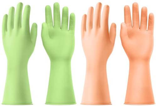 AUAUY 2 Paar Wiederverwendbare Haushaltshandschuhe, Hautsympathische Handschuhe mit Rutschfestem Griff, Wasserdicht Gummihandschuhe für Küchenarbeit Haushaltsreinigung Geschirrspülung (Grün+Orange-L)