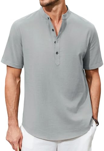 Enlision Mens Summer Shirt Short Sleeve Grandad Collar Shirt for Men Casual Beach Holiday Linen Henley T-Shirts Grey XL