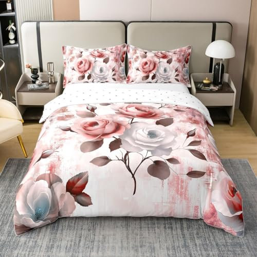 Homewish Chic Floral 100% Baumwolle Bettbezug 220x240,Rote Ombre Rose Blume Tröster Abdeckung für Bett,Romantische Druck Mikrofaser Bettwäsche Set für Kinder Mädchen Dame,Vintage Ölgemälde Bettbezug