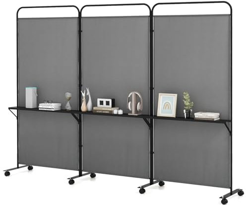 Multigot 3-Panel Folding Room Divider, 188cm Tall Freestanding Wall Privacy Screen Paravent Separator with 3 Metal Shelves & Lockable Wheels, Rolling Room Partition Protector for Home, Office
