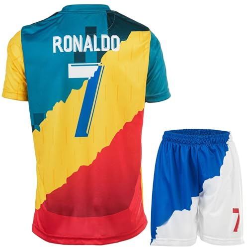 HUSSATEX Ronaldo Madrid Manchester NASSR Trio Special Vintage Edition #7 Kinder Fußball Trikot & Shorts Geschenkset Jugendgrößen (Mix, 176)