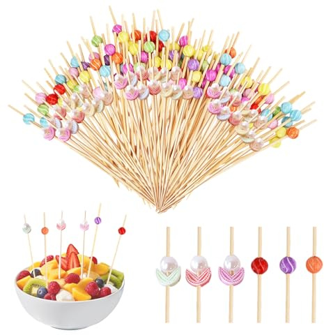 X-BLTU 200 Piezas Palillos para Cóctel, Palillos para Aperitivos de 12cm, Decorativos Palitos de Madera de Colores, Brochetas de Bambú para Frutas, Tartas, Hamburguesas, Buffet, Fiesta Decoración
