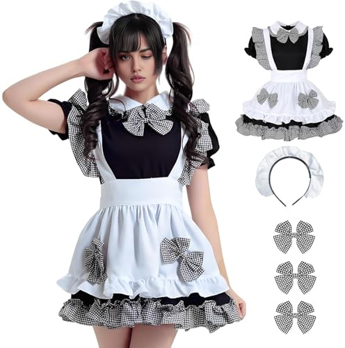 YushengTai Maid klänning, söt maid outfit, svart-vit rutig maskeradkostym anime cosplay, klassisk Maid Cosplay klänning med pannband, jul halloween fest karneval kostym (S)