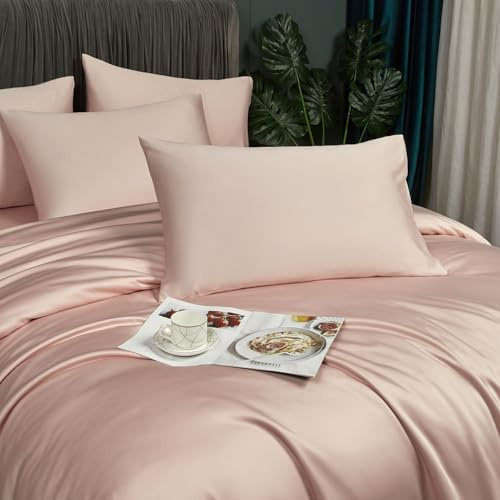 DXHOME Lyocell - Biancheria da letto in bambù rosa chiaro, 135 x 200 cm, lussuosa biancheria da letto estiva in fibra di bambù, morbida, copripiumino singolo con chiusura lampo e 1 federa 80 x 80 cm
