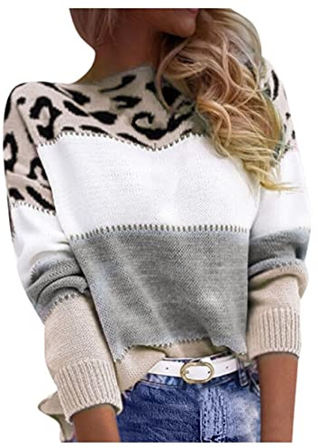 Pull Chaud Femme Léopard- Pull Hiver Manche Longue Coupe Ample Décontracté Chic Et Élégants Doux Sweater Confortable Tempérament Passe-Partout Élasticité Chandail Classiques Sortir Pullover