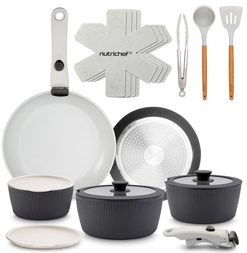 NutriChef Set Pentole e Padelle in Ceramica 18 Pezzi con Manici Removibili, Antiaderenti senza PTFE, Design Salvaspazio, per Forno e Piano Cottura, Grigio