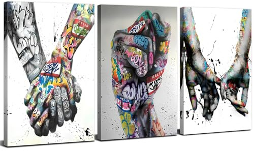 AREBOLO 3 Piezas arte mural en lienzo con grafitis decoración mural de banksy imágenes urbanas abstractas póster de arte pop callejero manos románticas pintura para el dormitorio sala de estar 12x16”