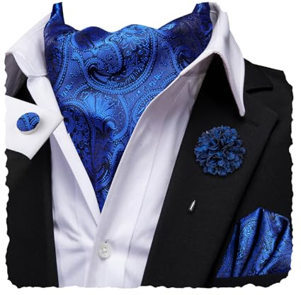 Hi-Tie Silk Ascot for Men Royal Blue Paisley Cravat Woven Jacquard Ascot and Pocket Square Lapel Pin Set for Wedding Party