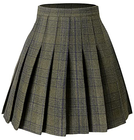 Hoerev Women Girls Thick Wool Fabric for Cold Weather Versatile Plaid Pleated Skirt with Shorts,US 6,Green