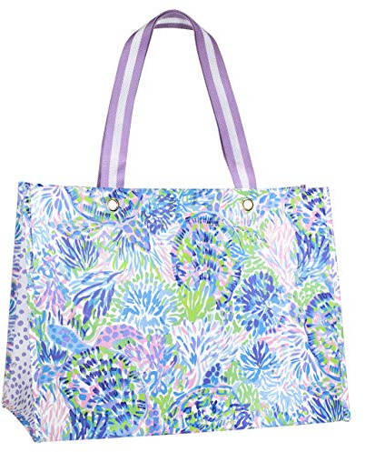 Lilly Pulitzer Purple/Blue XL Market Shopper Bag, Oversize Reusable Grocery Tote with Comfortable Shoulder Straps, Shell of a Party