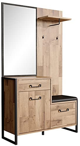 NEWFURN Garderobe Set mit Sitzkissen in Stabeiche Flurgarderoben Set Modern Vintage Industrial - 114x200x44,5 cm (BxHxT) - Kompaktgarderobe Holz Garderobe Komplett Garderobenset Flur Diele - [Marling]