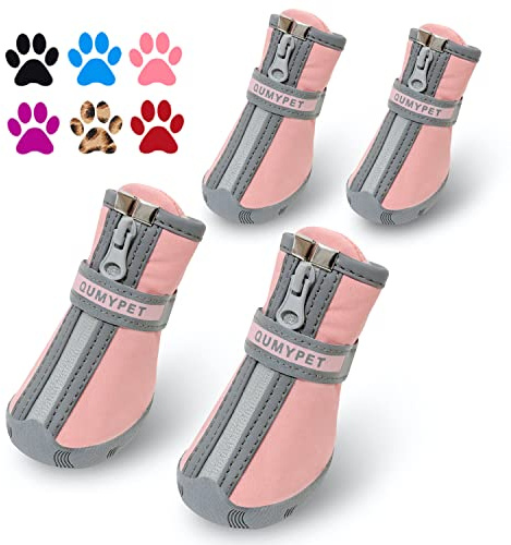 QUMY Dog Shoes for Small Dogs, Puppy Dog Boots & Paw Protectors for Winter Snowy Day, Summer Hot Pavement, Waterproof in Rainy Weather, Ourdoor Walking, Indoor Hardfloors Skid-Resistant Sole Pink 2