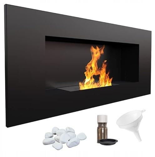 KRATKI Delta 2 bioetanolkamin + stenar + tratt + aromaterapiset | vägg- eller nischinstallation l glasering, bibehållare 0,5 l, TÜV | stål, 40 x 90 cm, svart