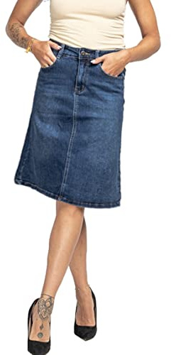 Van Der Rich ® - Jupe Jeans aux Genoux Style Evasée Tissu Extensible- Femme (Bleu,38)