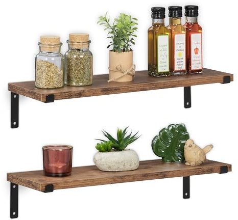 Relaxdays Set 2 Estantes Pared, 48 x 15,5 cm, Baldas Flotantes, Estilo Industrial, Metal y Efecto Madera, Marrón y Negro