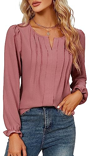 Blooming Jelly Womens Blouses Dressy Casual Elegant Long Sleeve Tops Fall Trendy Clothes(Medium,Pink