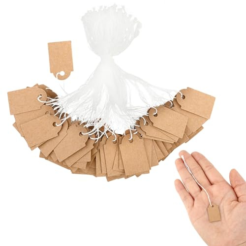 Prasacco Lot de 200 étiquettes de prix en papier 2,5 x 1,5 cm - Étiquettes de prix - Étiquettes cadeaux avec fil - Étiquettes suspendues pour vêtements, bijoux