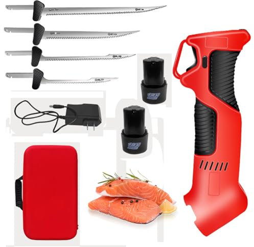 Cuchillo eléctrico para filetear pescado, cuchillo para cortar pescado, cuchillo para trinchar, cuchillo para filetear inalámbrico para pescado con 4 cuchillas alternativas antiadherentes recubiertas
