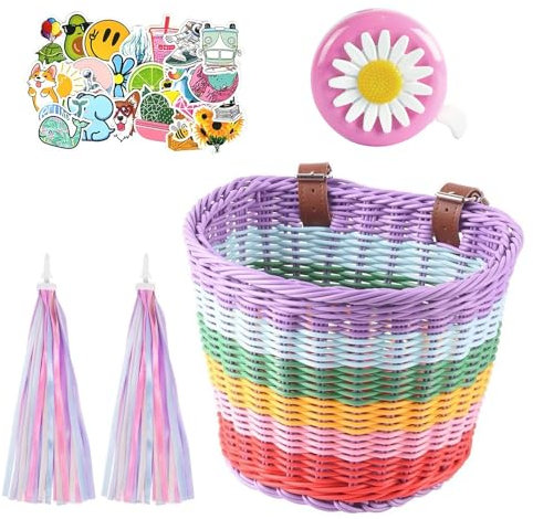 YANGUN Fahrradkorb Kinder, Kinderfahrrad Lenkerkorb, Fahrrad Korb Weidenkorb Vorne, Fahrradkorb Kinder Vorne mit Lederriemen Luftschlangen Fahrradklingel Aufkleber