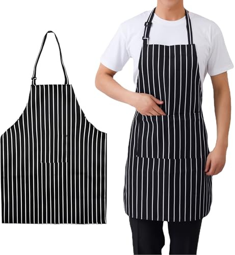 DALAETUS 2 Pcs Adjustable Unisex Bib Aprons, Black & White Striped Kitchen Aprons with Pocket, For Women, Men, Home Kitchen, Restaurant, Coffee House, Gardening