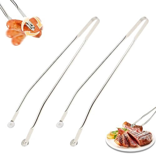 2PC Pince Barbecue Roulette,40cm Pince A Saucisse à Roulettes Inoxydable,Ustensiles pour Barbecue,pour BBQ,Cuisine,Saucisses,Steak,Bacon,Légume