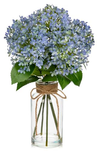 Briful Hydrangea Artificial Flowers in Glass Vase, 13.8 Artificial Hydrangea with Faux Water Blue Artificial Flowers for Decoration, Faux Hydrangea with Vase for Centerpieces Home Decor