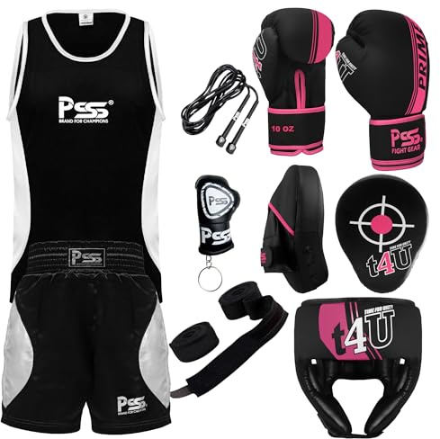 PSS Kids Boxing Set-Boxing Gloves, Uniform, Focus Pad, and Head Guard - Safe, Durable, Lightweight Equipment for Boys/Girls Youth Training, Fitness (Pink, 7-8Year/6oz)