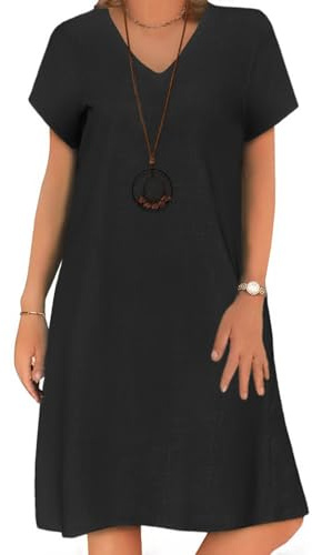 Zeagoo Femmes Robes D'été Robe en Coton Col en V Robe de Plage à Manches Courtes Casual avec Poches Robes A Ligne Midi Plaine Noir M