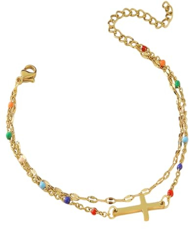MYGLOAR Bracelet plaqué or 14 carats, bracelet femme, chaîne croisée, double couche, croix, ajustable, or et acier inoxydable
