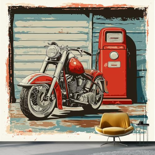 Fototapet bensinstation motorcykel retro röd marinblå 200 x 140 cm (Wxh) med 3D-effekt – traditionell fleece-tapet för vardagsrum och sovrum – UV-resistent, hållbar, lätt att installera